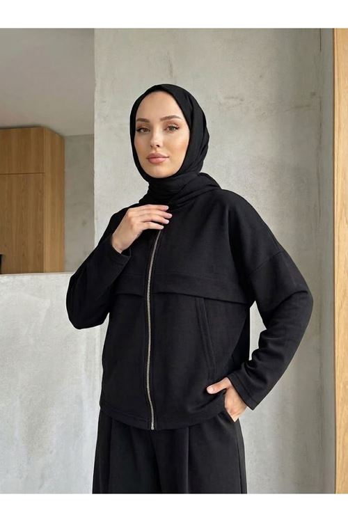 Kanguru Cep Pileli Pantolonlu Takım-Siyah