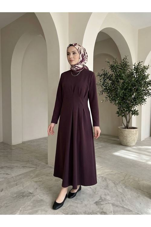 Derin Üç Pileli Elbise-Bordo