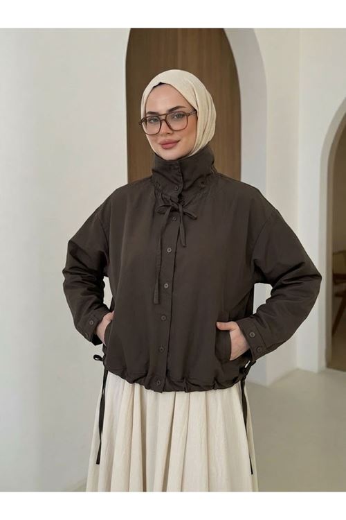 Etek Ve Yaka Biyeli Düğmeli Tunik-Kahve