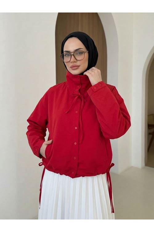 Etek Ve Yaka Biyeli Düğmeli Tunik-Kırmızı