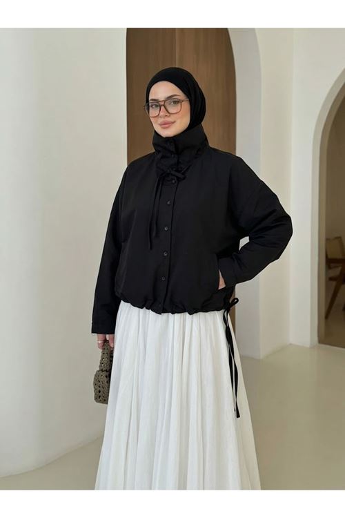 Etek Ve Yaka Biyeli Düğmeli Tunik-Siyah
