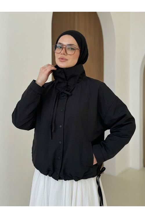 Etek Ve Yaka Biyeli Düğmeli Tunik-Siyah
