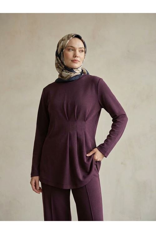 Kadın Tunik Pileli Pantolonlu Tesettür Takım Bordo