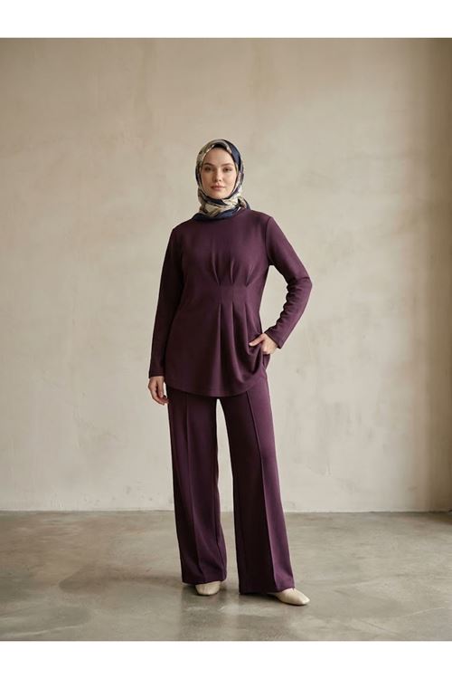 Kadın Tunik Pileli Pantolonlu Tesettür Takım Bordo