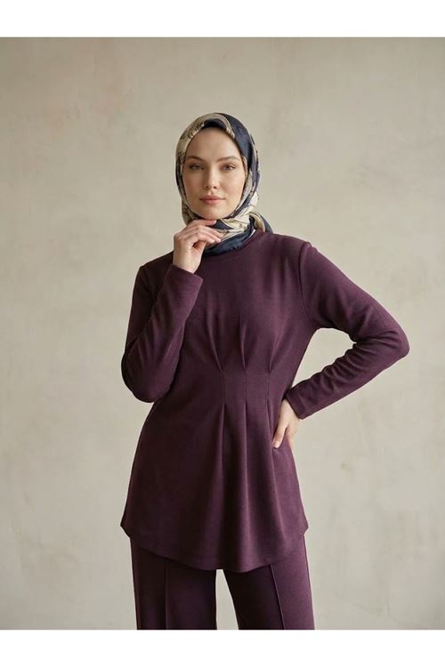 Kadın Tunik Pileli Pantolonlu Tesettür Takım Bordo