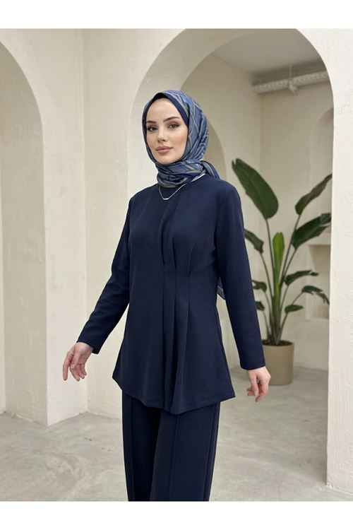 Kadın Tunik Pileli Pantolonlu Tesettür Takım Lacivert
