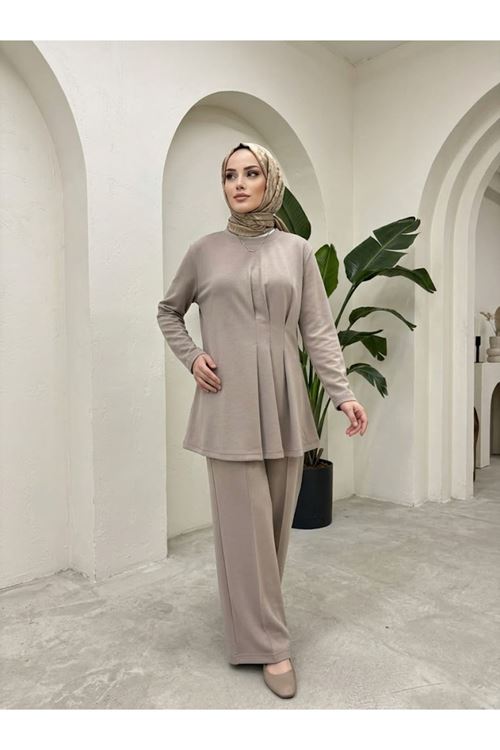 Kadın Tunik Pileli Pantolonlu Tesettür Takım Vizon