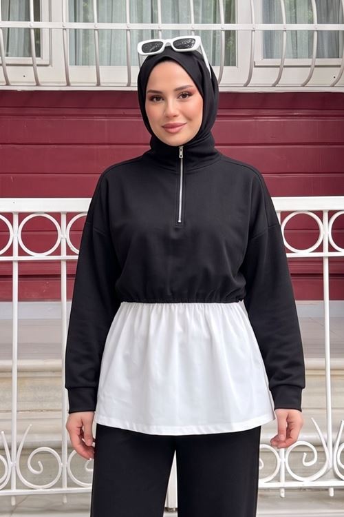 Kadın Dik Yaka Fermuarlı Garnili Bel Büzgülü Tunik Pantolonlu Tesettür Kombin Takım Siyah