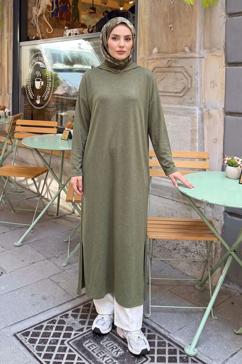 Kadın Kapüşonlu Yanları Yırtmaçlı Pike Tesettür Tunik Elbise Haki