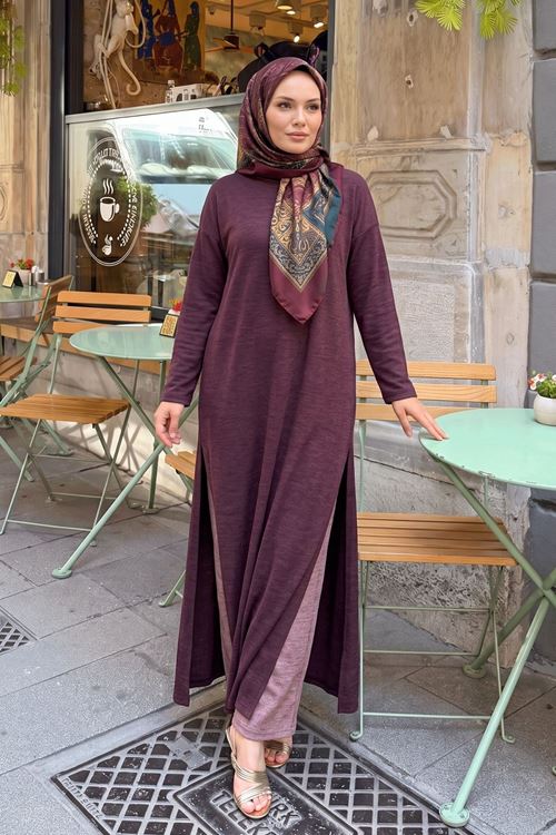 Kadın Kapüşonlu Yanları Yırtmaçlı Pike Tesettür Tunik Elbise Bordo