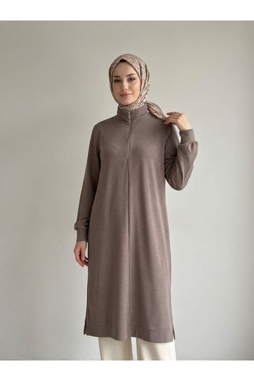 Fermuar Detay Pike Elbise-Açık Kahve