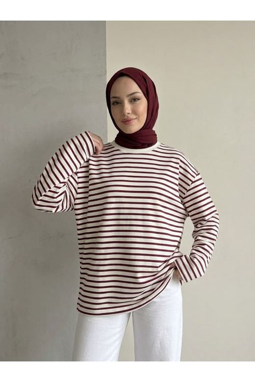 Kadın Çizgili Oysho Kumaş Yumuşak Dokulu Trend Şık Tesettür Tunik Bordo