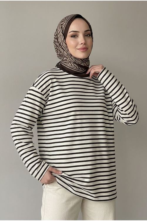 Çizgili Oysh Tunik-Kahve