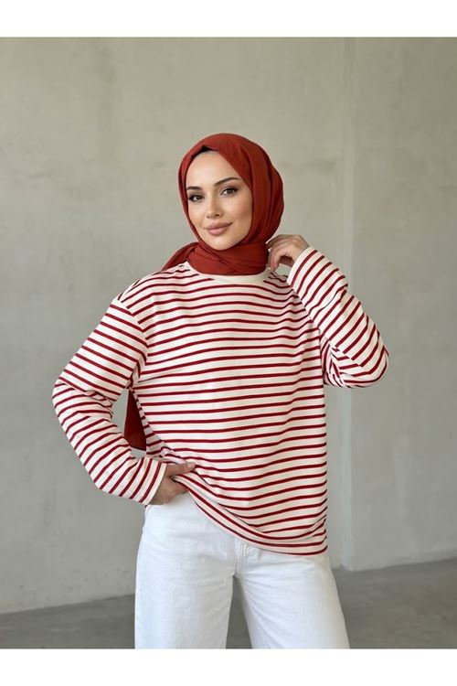 Kadın Çizgili Oysho Kumaş Yumuşak Dokulu Trend Şık Tesettür Tunik Kırmızı