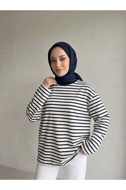 Kadın Çizgili Oysho Kumaş Yumuşak Dokulu Trend Şık Tesettür Tunik Lacivert