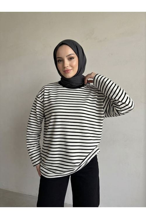 Kadın Çizgili Oysho Kumaş Yumuşak Dokulu Trend Şık Tesettür Tunik Siyah