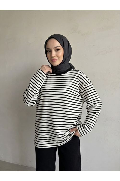 Kadın Çizgili Oysho Kumaş Yumuşak Dokulu Trend Şık Tesettür Tunik Siyah
