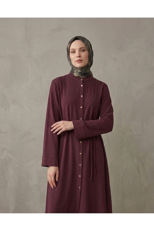 Kadın Hakim Yaka Uzun Tunik Düğmeli Bağlamalı Pantolonlu Pike Kumaş Mevsimlik Tesettür Takım Bordo