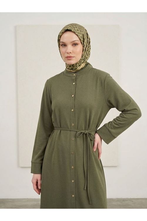 Kadın Hakim Yaka Uzun Tunik Düğmeli Bağlamalı Pantolonlu Pike Kumaş Mevsimlik Tesettür Takım Haki