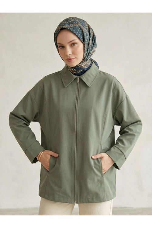 Kadın Haki Düşük Omuzlu Fermuarlı Kadın Ceket Cepli Uzun Kollu Oversize Tesettür Trençkot