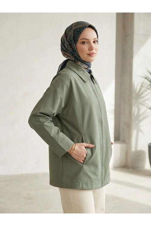 Kadın Haki Düşük Omuzlu Fermuarlı Kadın Ceket Cepli Uzun Kollu Oversize Tesettür Trençkot