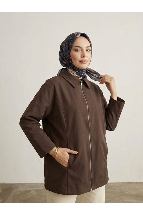Kadın Kahve Düşük Omuzlu Fermuarlı Kadın Ceket Cepli Uzun Kollu Oversize Tesettür Trençkot