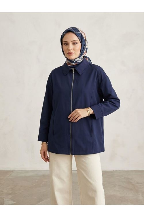 Kadın Lacivert Düşük Omuzlu Fermuarlı Kadın Ceket Cepli Uzun Kollu Oversize Tesettür Trençkot