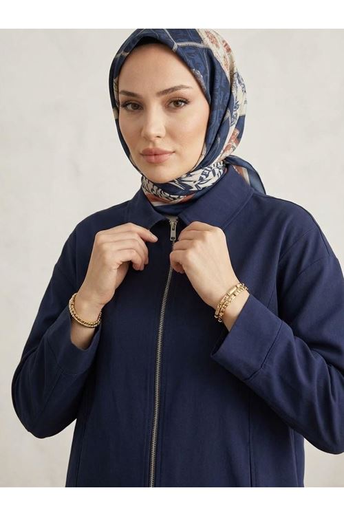 Kadın Lacivert Düşük Omuzlu Fermuarlı Kadın Ceket Cepli Uzun Kollu Oversize Tesettür Trençkot
