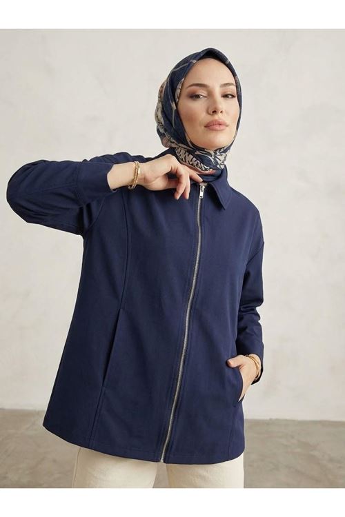 Kadın Lacivert Düşük Omuzlu Fermuarlı Kadın Ceket Cepli Uzun Kollu Oversize Tesettür Trençkot