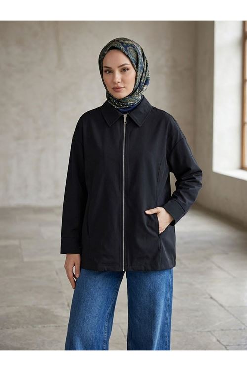 Kadın Siyah Düşük Omuzlu Fermuarlı Kadın Ceket Cepli Uzun Kollu Oversize Tesettür Trençkot