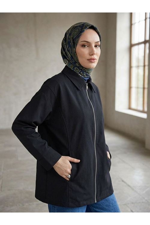 Kadın Siyah Düşük Omuzlu Fermuarlı Kadın Ceket Cepli Uzun Kollu Oversize Tesettür Trençkot