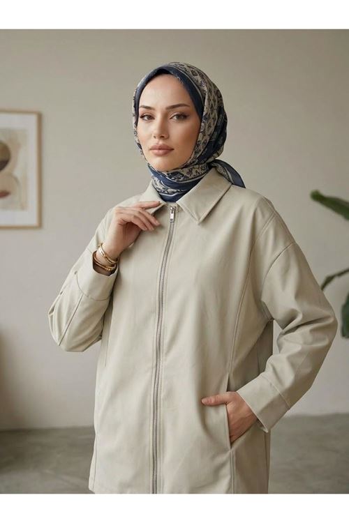 Kadın Taş Düşük Omuzlu Fermuarlı Kadın Ceket Cepli Uzun Kollu Oversize Tesettür Trençkot
