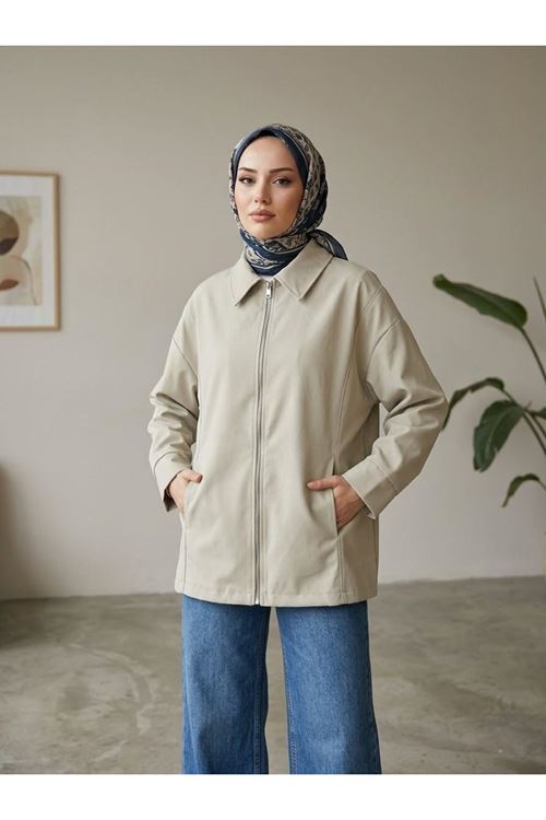 Kadın Taş Düşük Omuzlu Fermuarlı Kadın Ceket Cepli Uzun Kollu Oversize Tesettür Trençkot