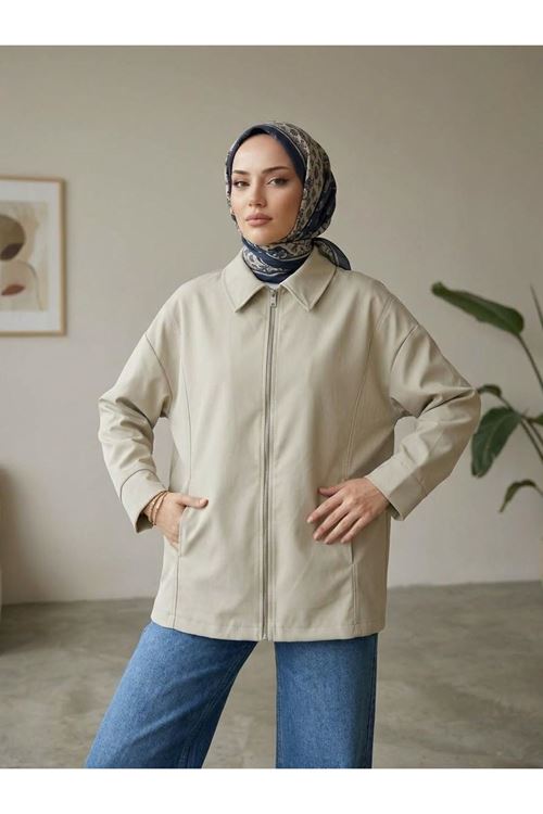Kadın Taş Düşük Omuzlu Fermuarlı Kadın Ceket Cepli Uzun Kollu Oversize Tesettür Trençkot
