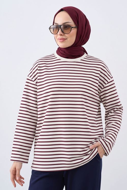 Kadın Çizgili Oysho Kumaş Yumuşak Dokulu Trend Şık Tesettür Tunik Bordo