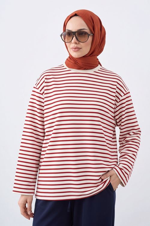 Kadın Çizgili Oysho Kumaş Yumuşak Dokulu Trend Şık Tesettür Tunik Kırmızı