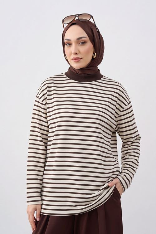 Kadın Çizgili Oysho Kumaş Yumuşak Dokulu Trend Şık Tesettür Tunik Kahve