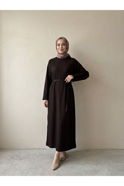 Reglan Kol Triko Elbise-Kahve