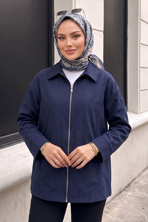 Kadın Lacivert Düşük Omuzlu Fermuarlı Kadın Ceket Cepli Uzun Kollu Oversize Tesettür Trençkot