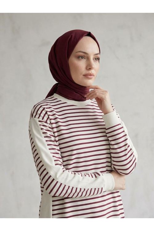 Çizgili Garnili Elbise-Bordo