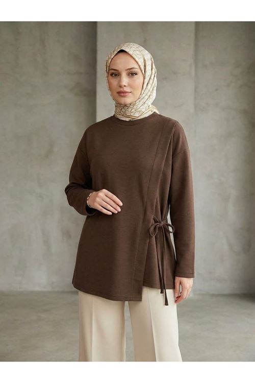 Pat Detay Yan Bağlamalı Tunik-Kahve