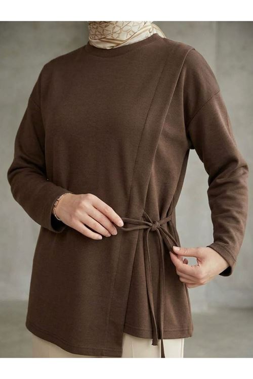 Pat Detay Yan Bağlamalı Tunik-Kahve