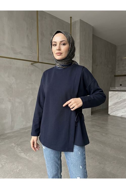 Pat Detay Yan Bağlamalı Tunik-Lacivert