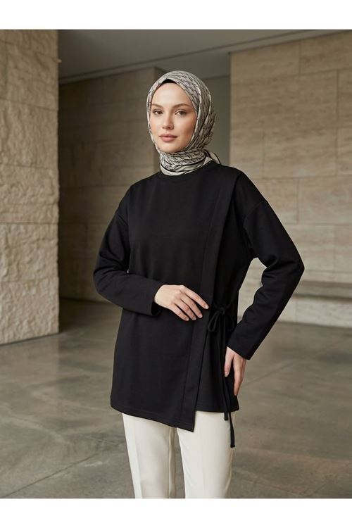 Pat Detay Yan Bağlamalı Tunik-Siyah