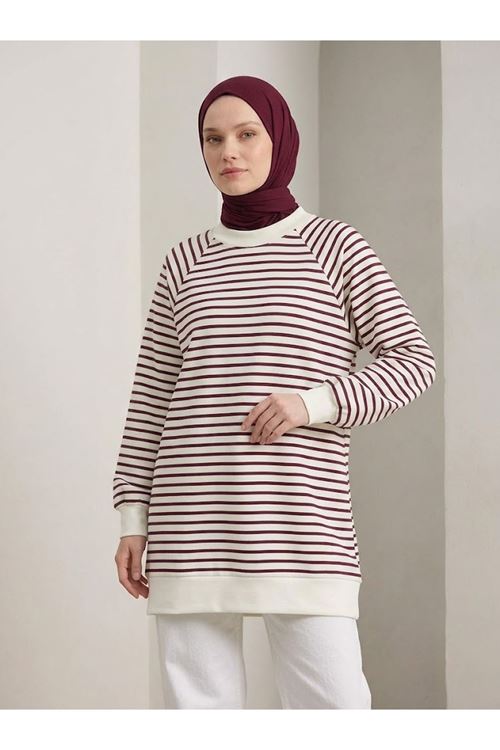 Kadın Manşet Detaylı Çizgili Uzun Tesettür Tunik Bordo