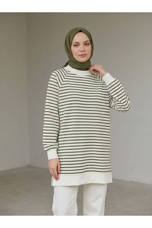 Manşet Detay Çizgili Tunik-Haki