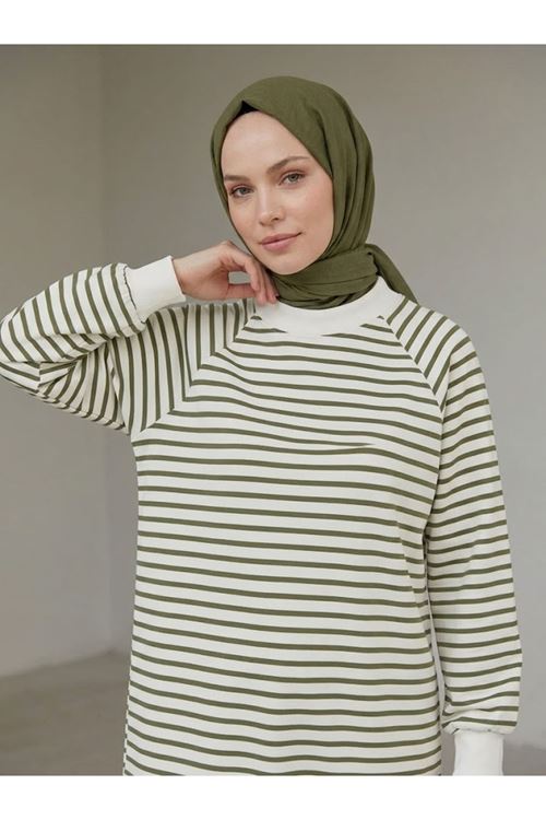 Manşet Detay Çizgili Tunik-Haki