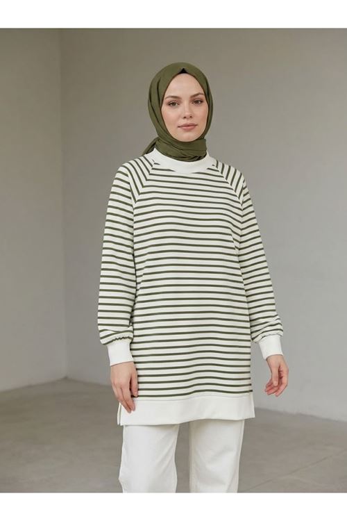 Manşet Detay Çizgili Tunik-Haki
