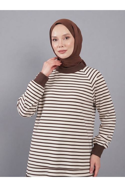 Manşet Detay Çizgili Tunik-Kahve