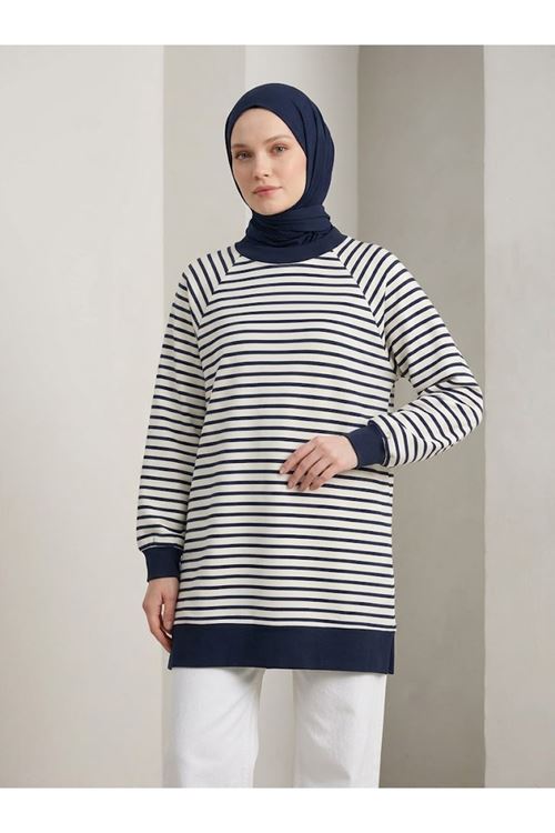 Manşet Detay Çizgili Tunik-Lacivert